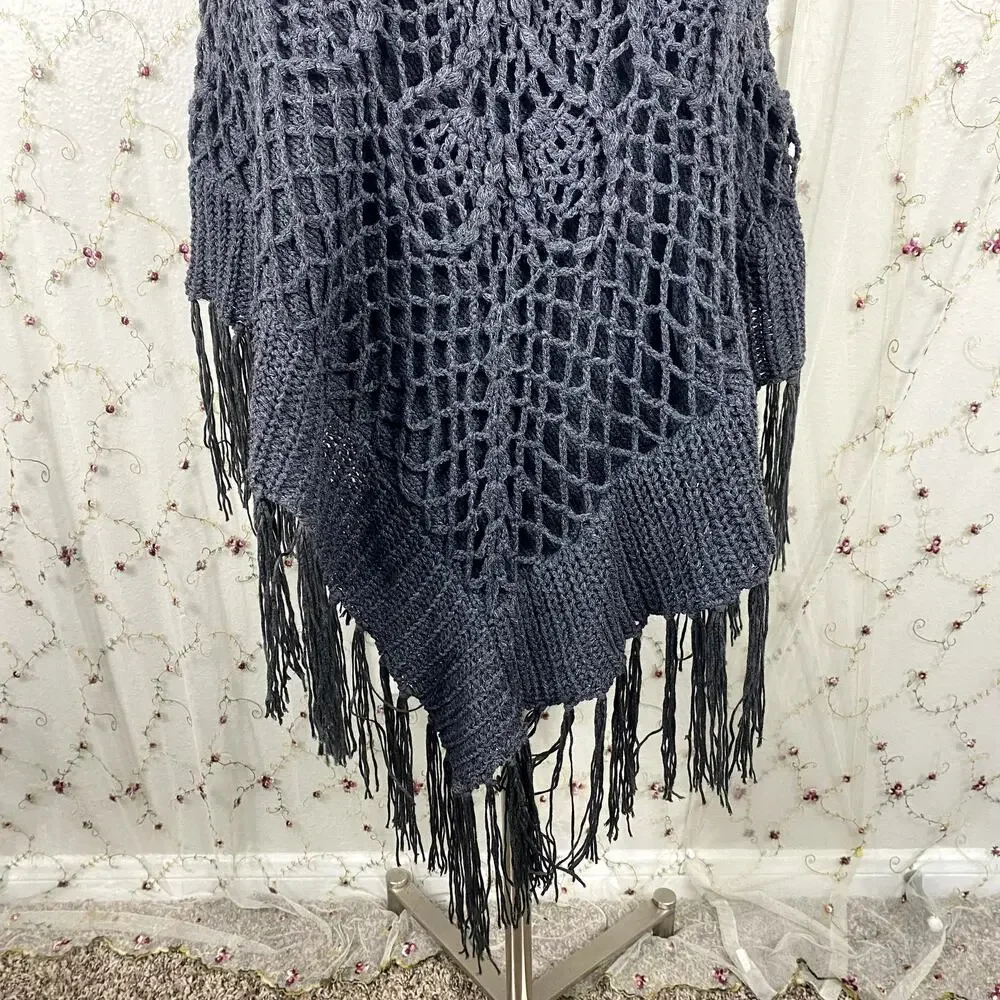 The Classic Gray Knit Tassel Fold Over Neckline Boho Hippie Earthy Poncho Shawl‎